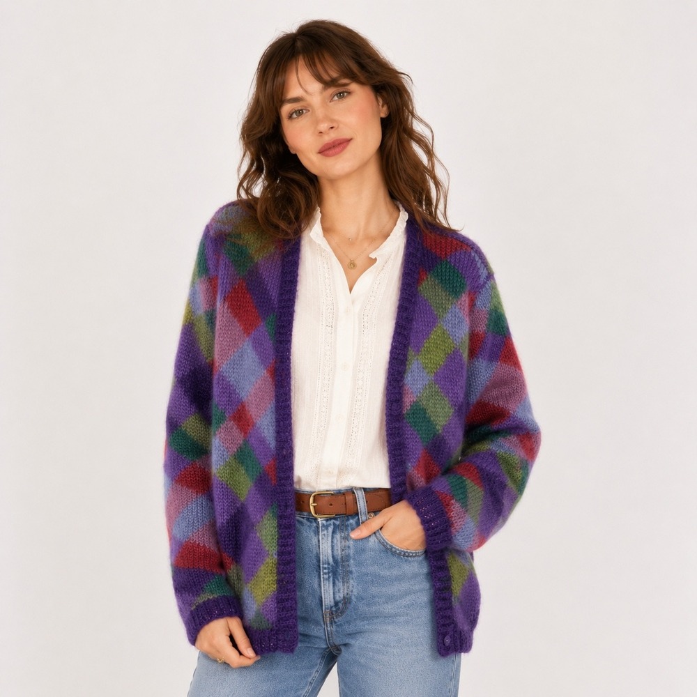 Vtg Talbots Cardigan Sweater Womens L Mohair Blend Hand Knit Argyle Grandmacore - Picture 3 of 16